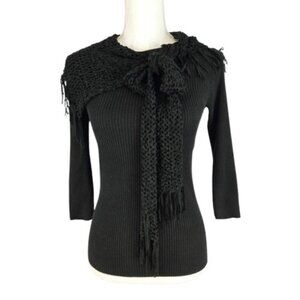 Women’s Black Ribbed Sweater Crochet Fringe Yoke Tie Neck Size S